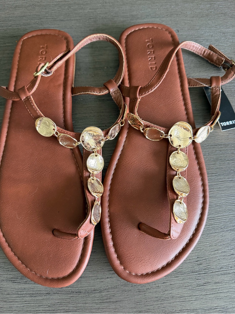torrid Brown Leather T-Strap Sandals with Gold Coin Accents
